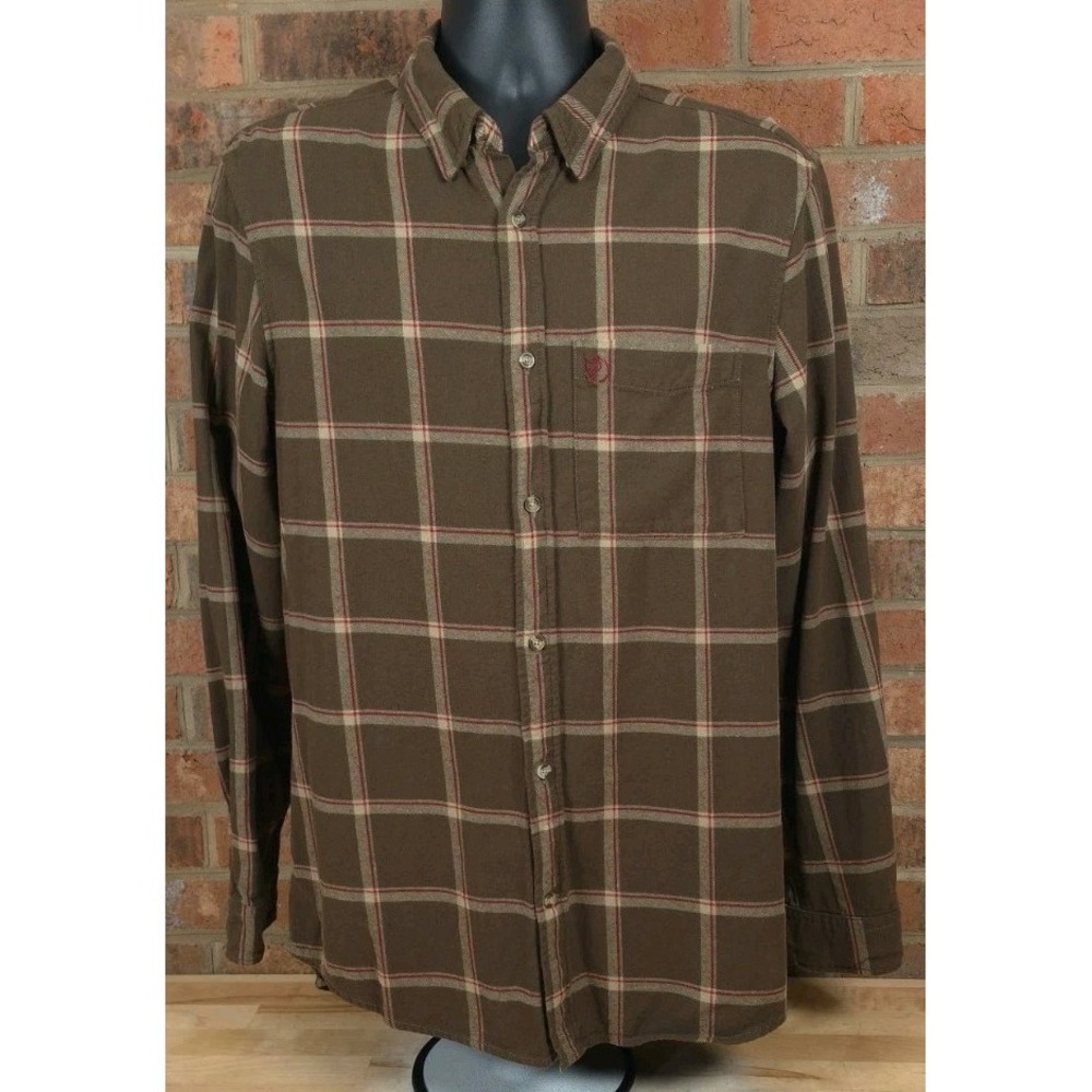 Fjallraven Mens Ovik Comfort Flannel Brown Plaid Long Sleeve Shirt Medium